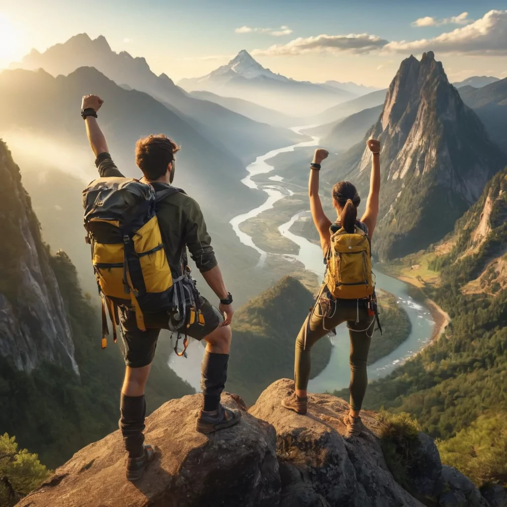 'ein Bild triumphierender Bergsteiger auf einem Gipefel die ins Tal schauen'